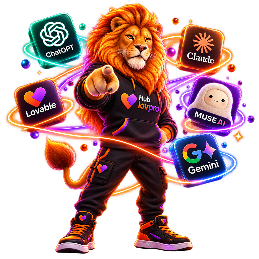 Mascote Hub LovPro com os ecossistemas Lovable, Claude, ChatGPT, Gemini e Muse AI